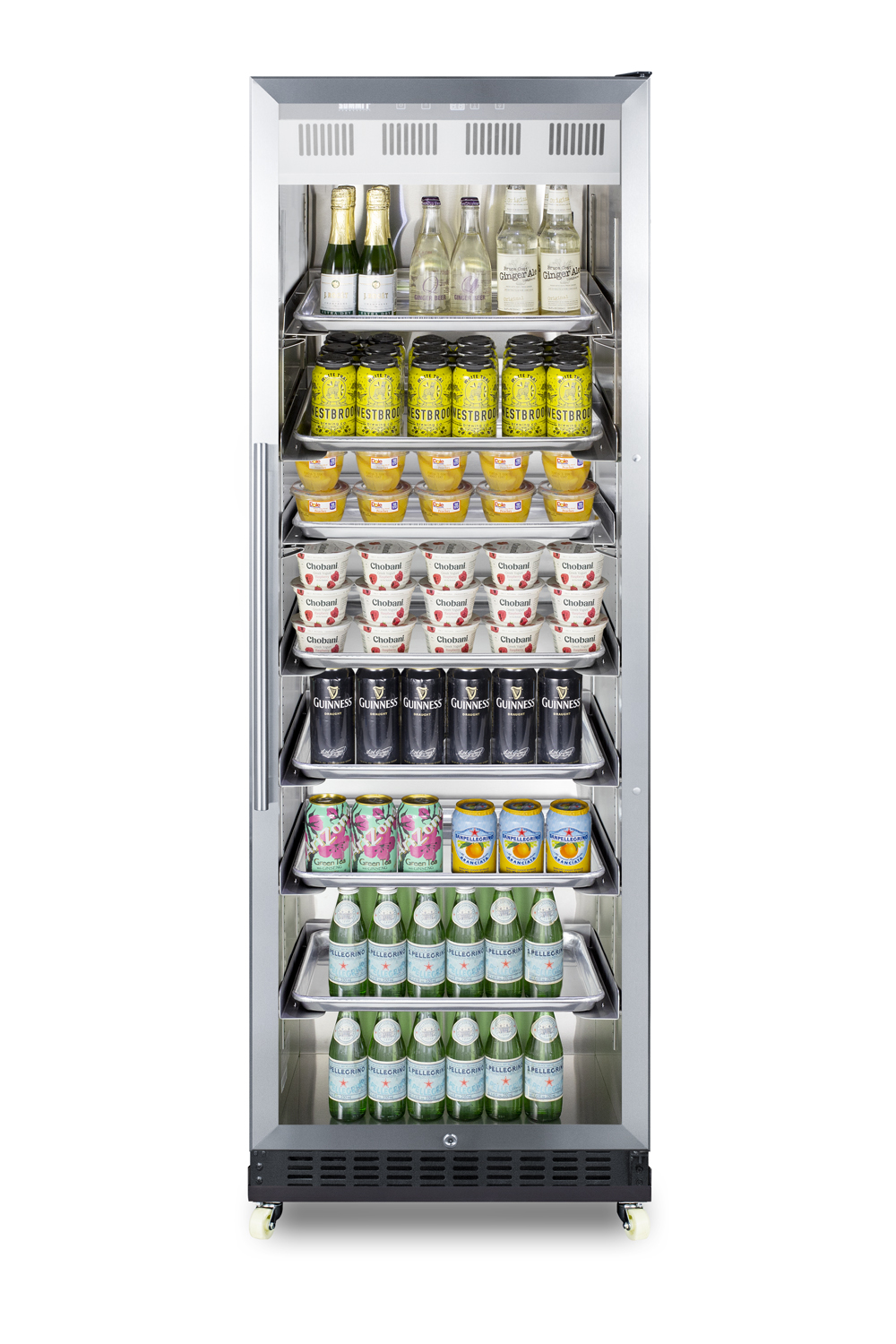 Full-size commercial beverage merchandiser designed for the display and refrigeration of beverages and sealed food, with stainless steel interior, self-closing glass door, sheet pans and adjustable tray supports, chrome shelves, black cabinet, and removable dolly